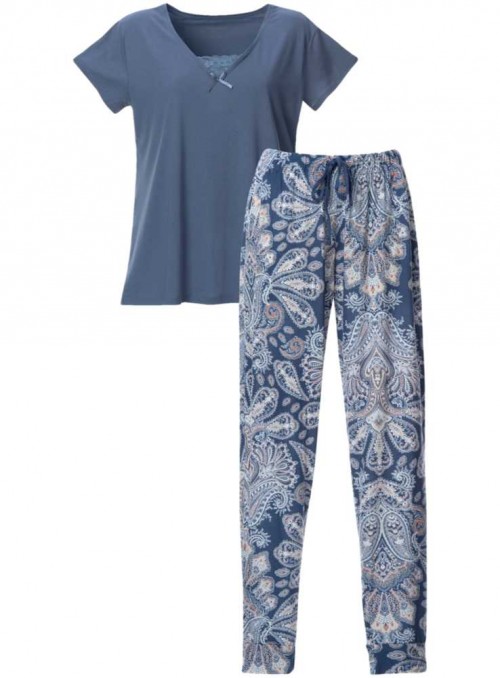 Pyjamas-sæt bambus-jersey 2 dele kortærmet top og mønstrede bukser